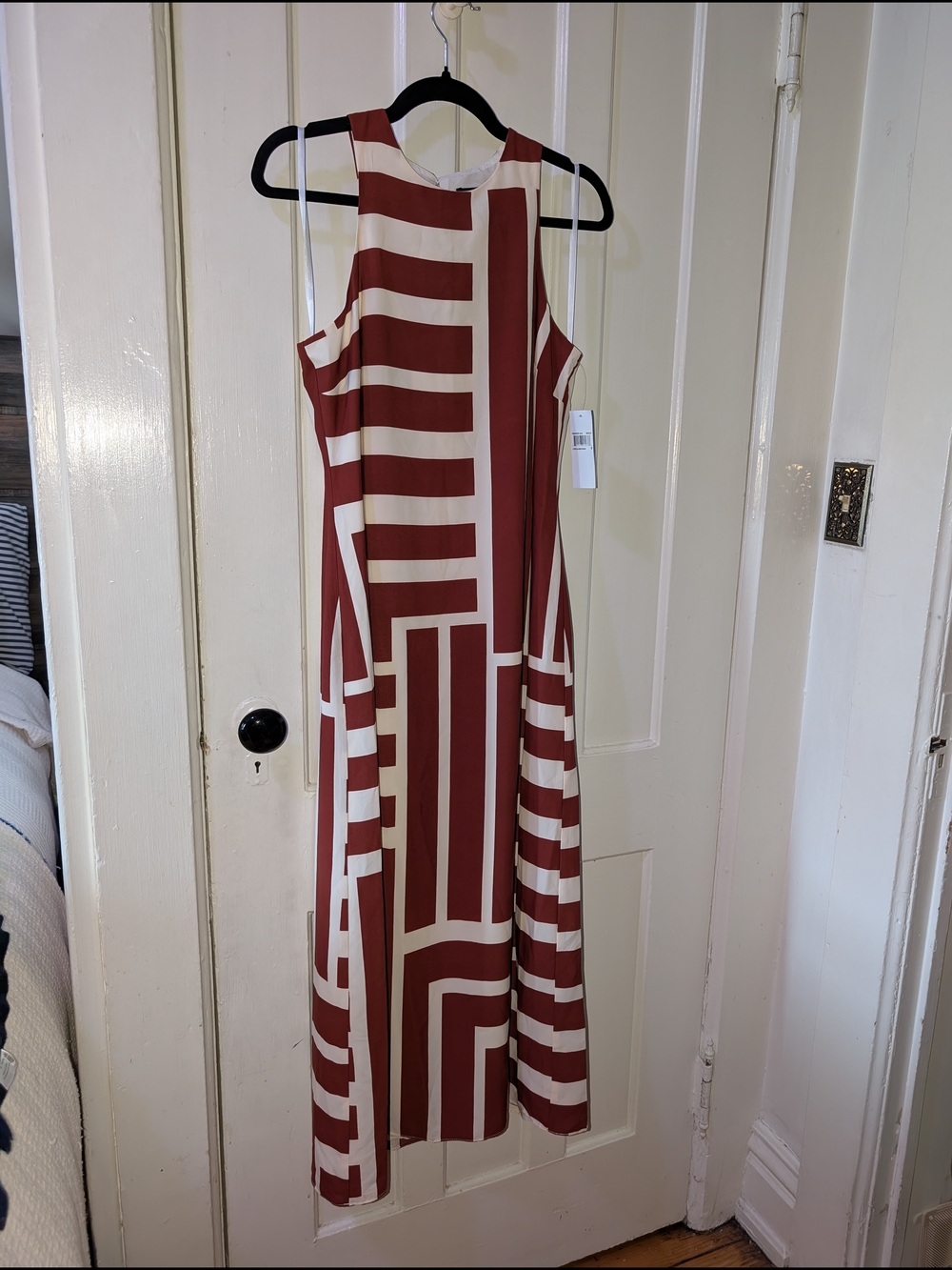 NWT Donna Morgan Sleeveless Geometric Stripe Maxi Dress in Sienna Brown & Cream